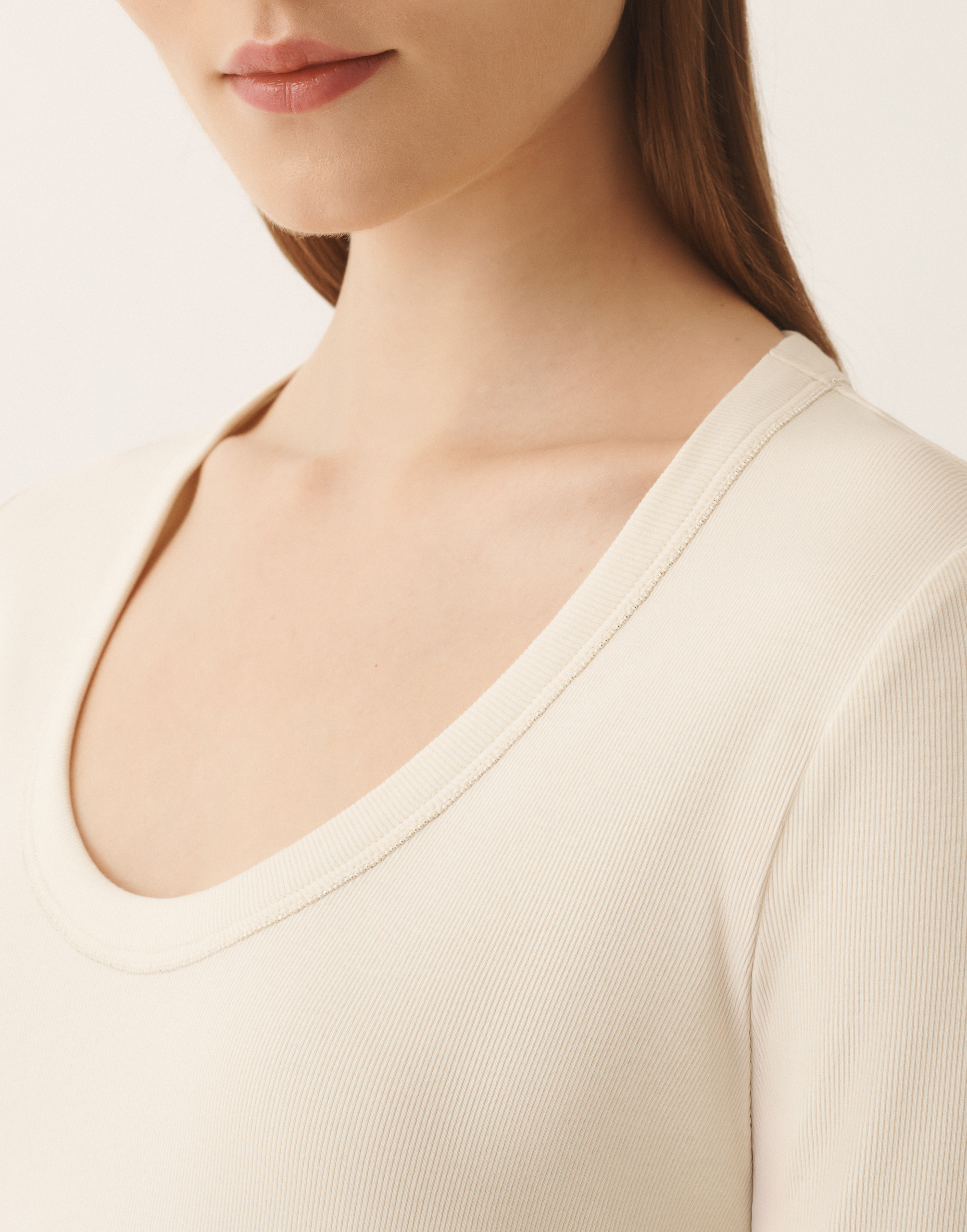 Fabiana Filippi Ribbed Cotton Jersey U Neck T-shirt Filo Diamante Detail In White