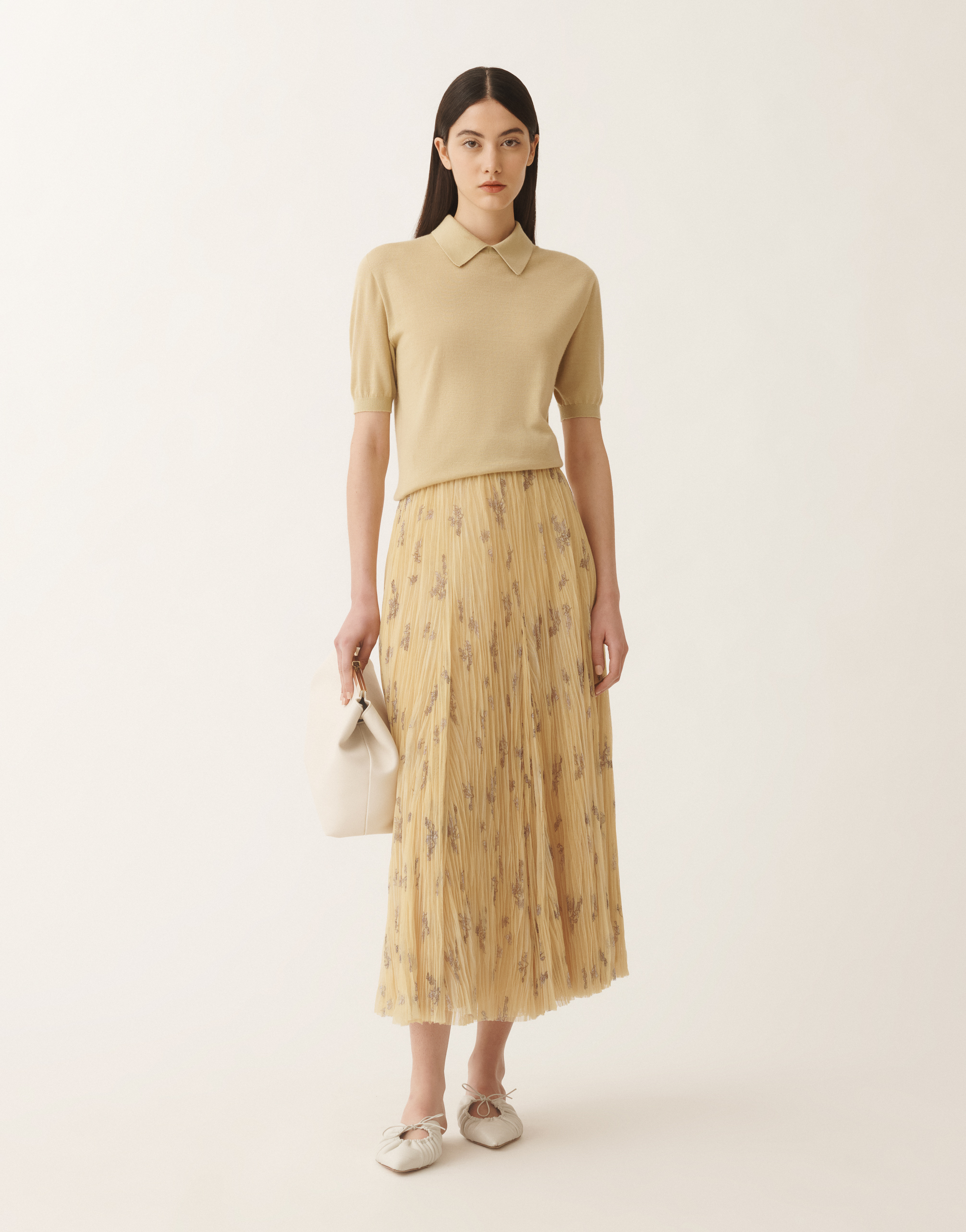 Fabiana Filippi Pleated Tulle Skirt With Painted Botanical Print In Canary