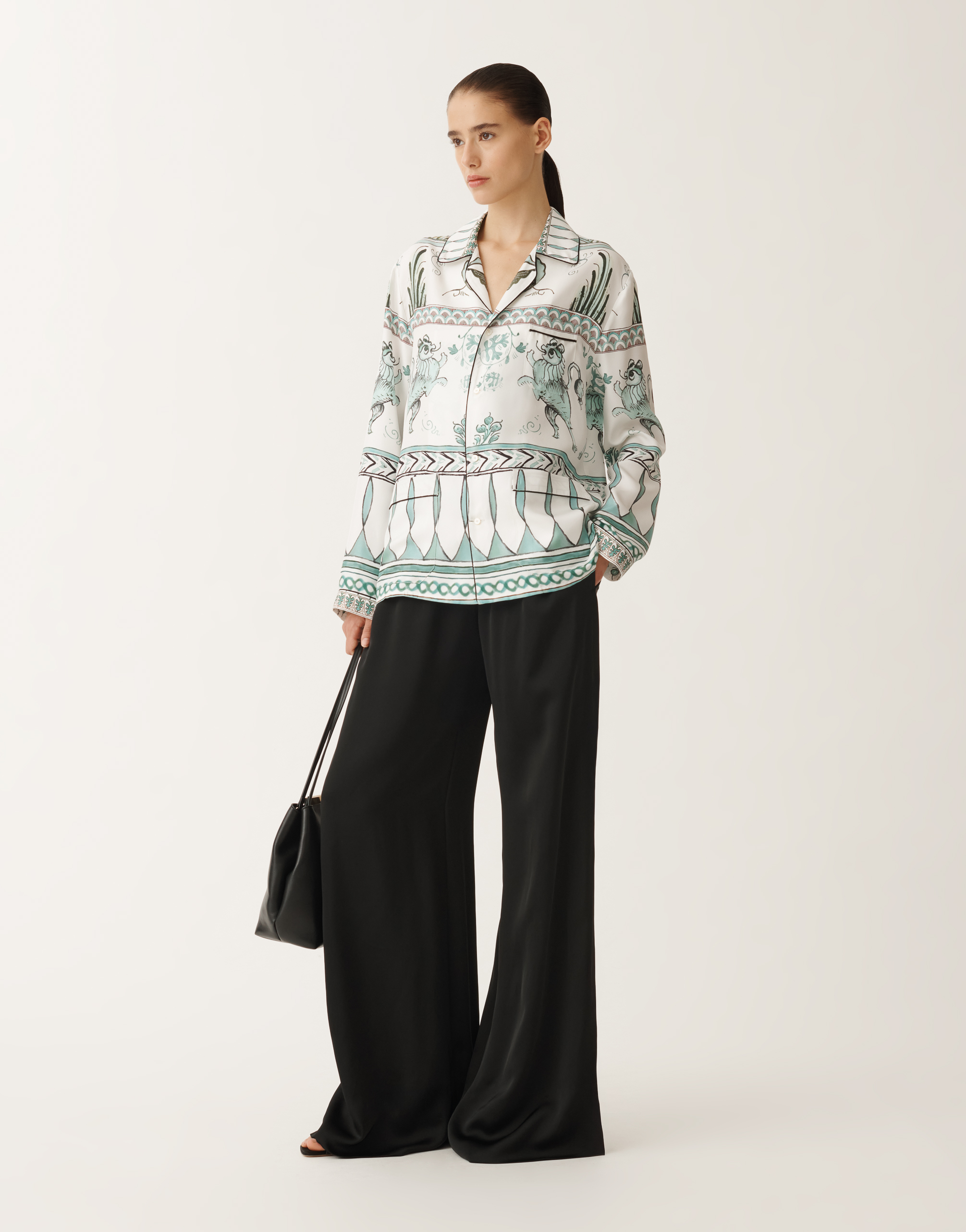 Fabiana Filippi Silk Twill Shirt With Painted Print In White/turquoise/aquagreen