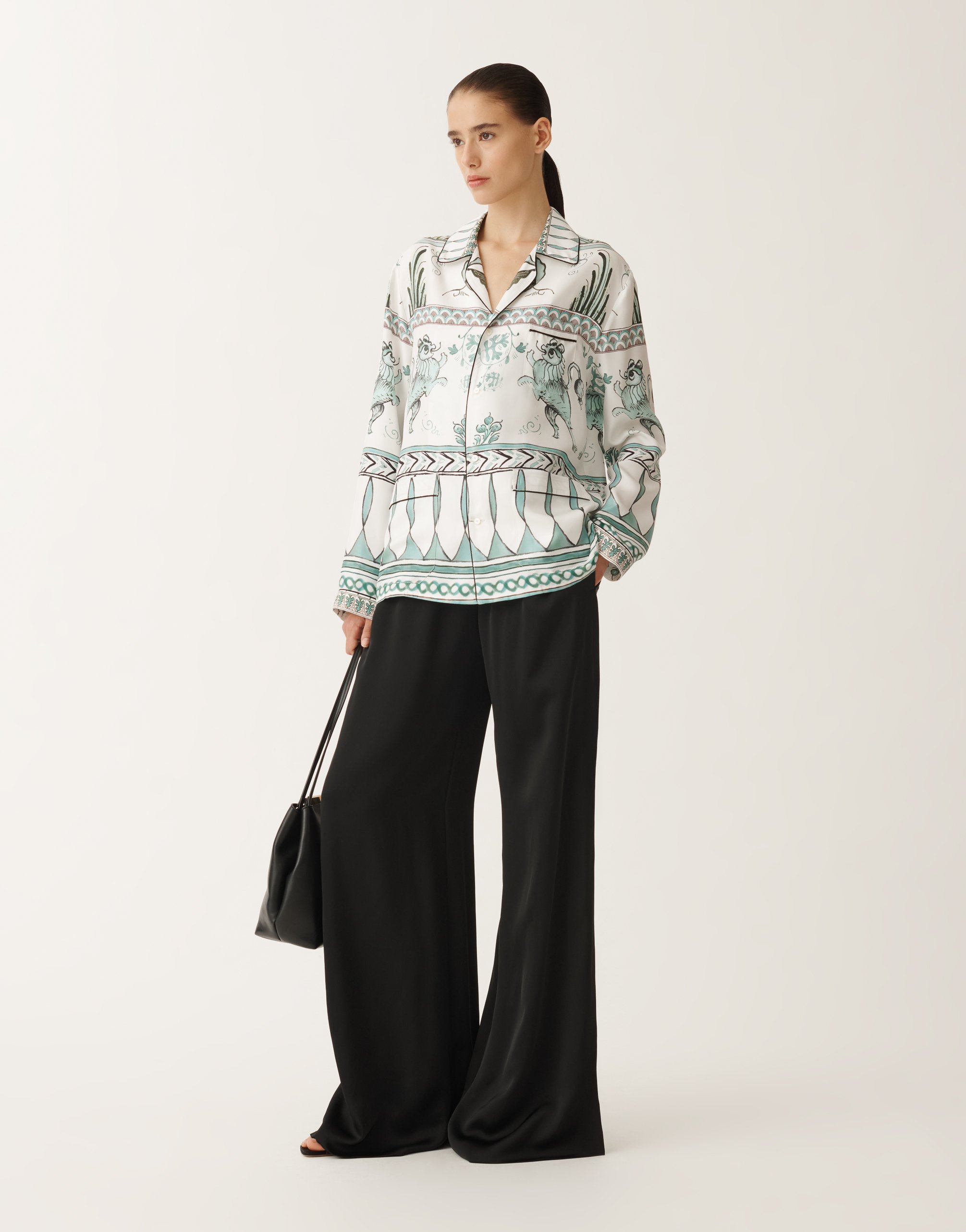 Fabiana Filippi Silk Twill Shirt With Painted Print In White/turquoise/aquagreen