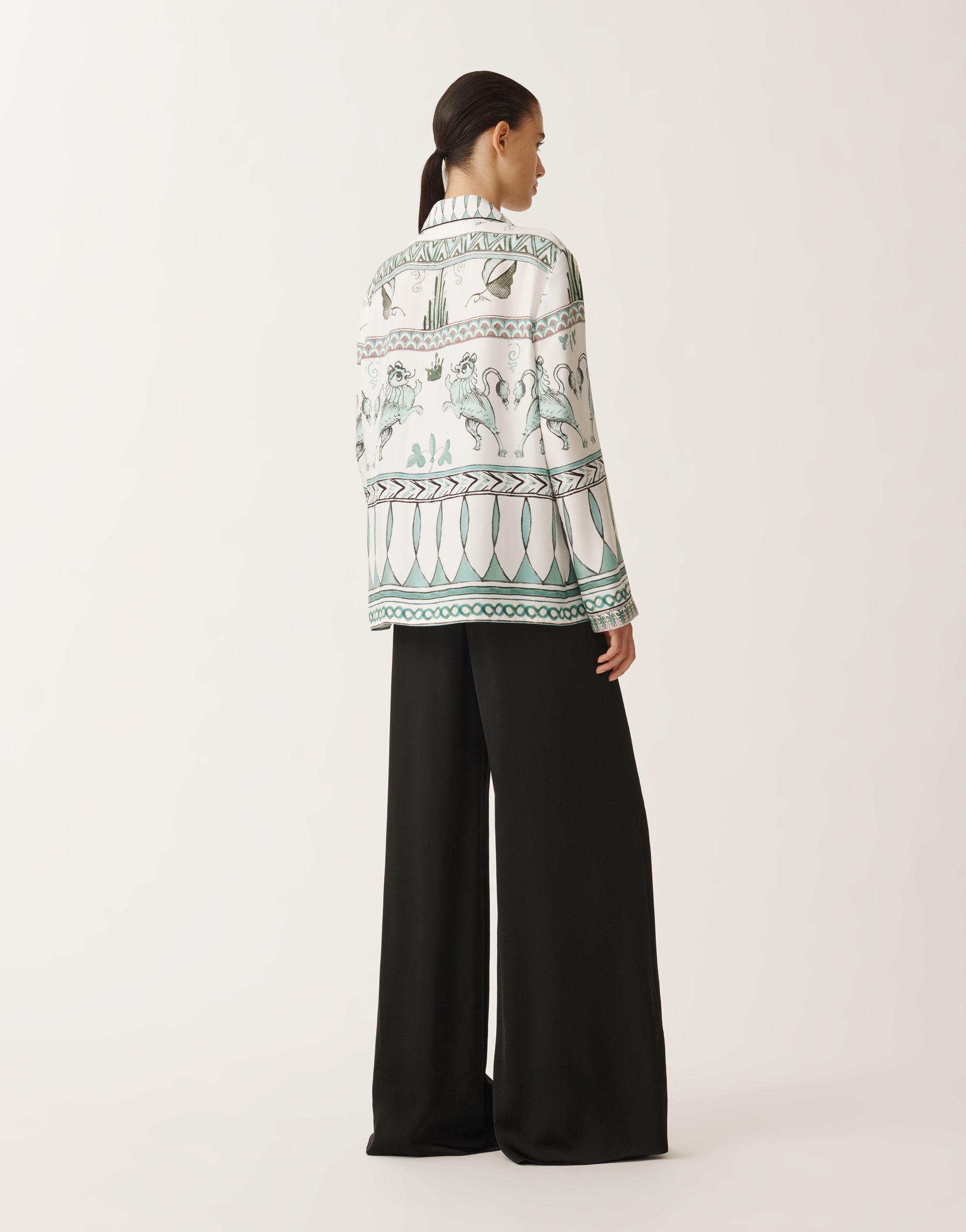 Fabiana Filippi Silk Twill Shirt With Painted Print In White/turquoise/aquagreen