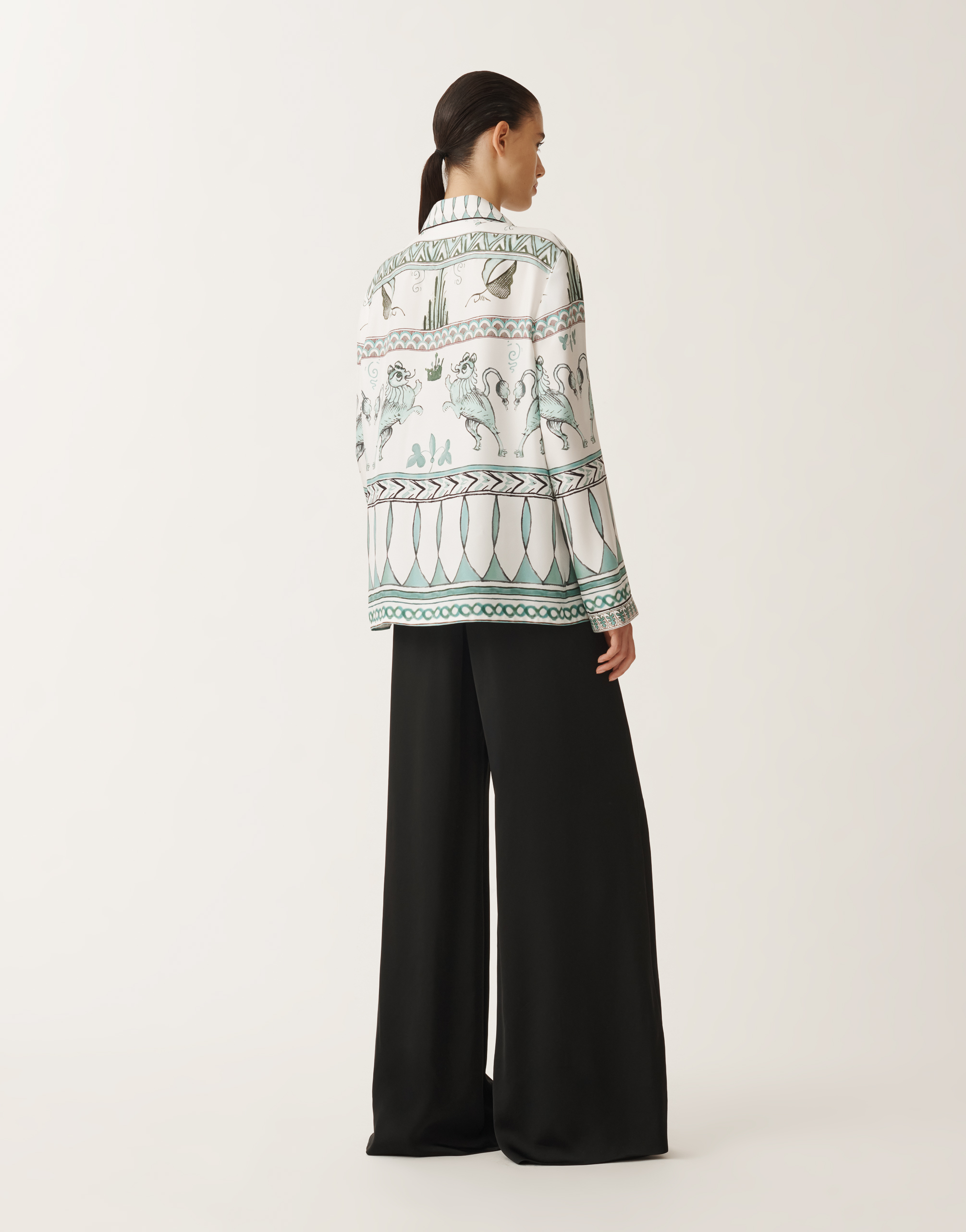 Fabiana Filippi Silk Twill Shirt With Painted Print In White/turquoise/aquagreen