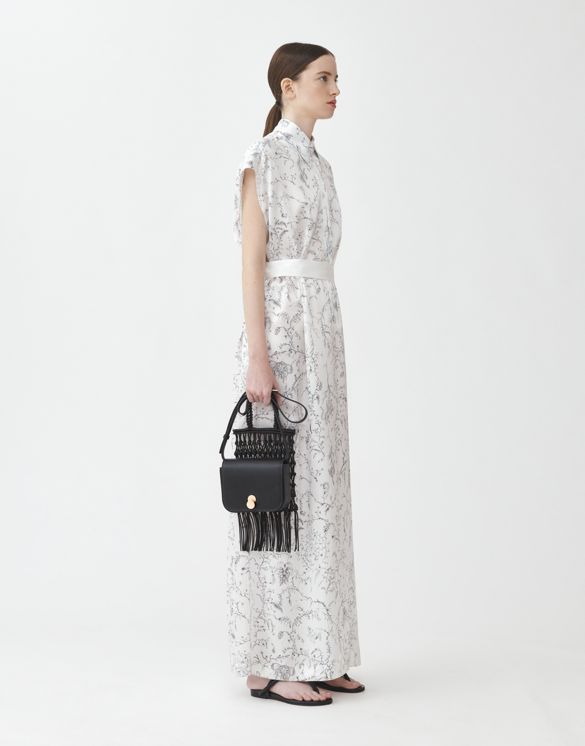 Shop Fabiana Filippi Printed Satin Shirt Dress With Contrast Fabric Belt In White
