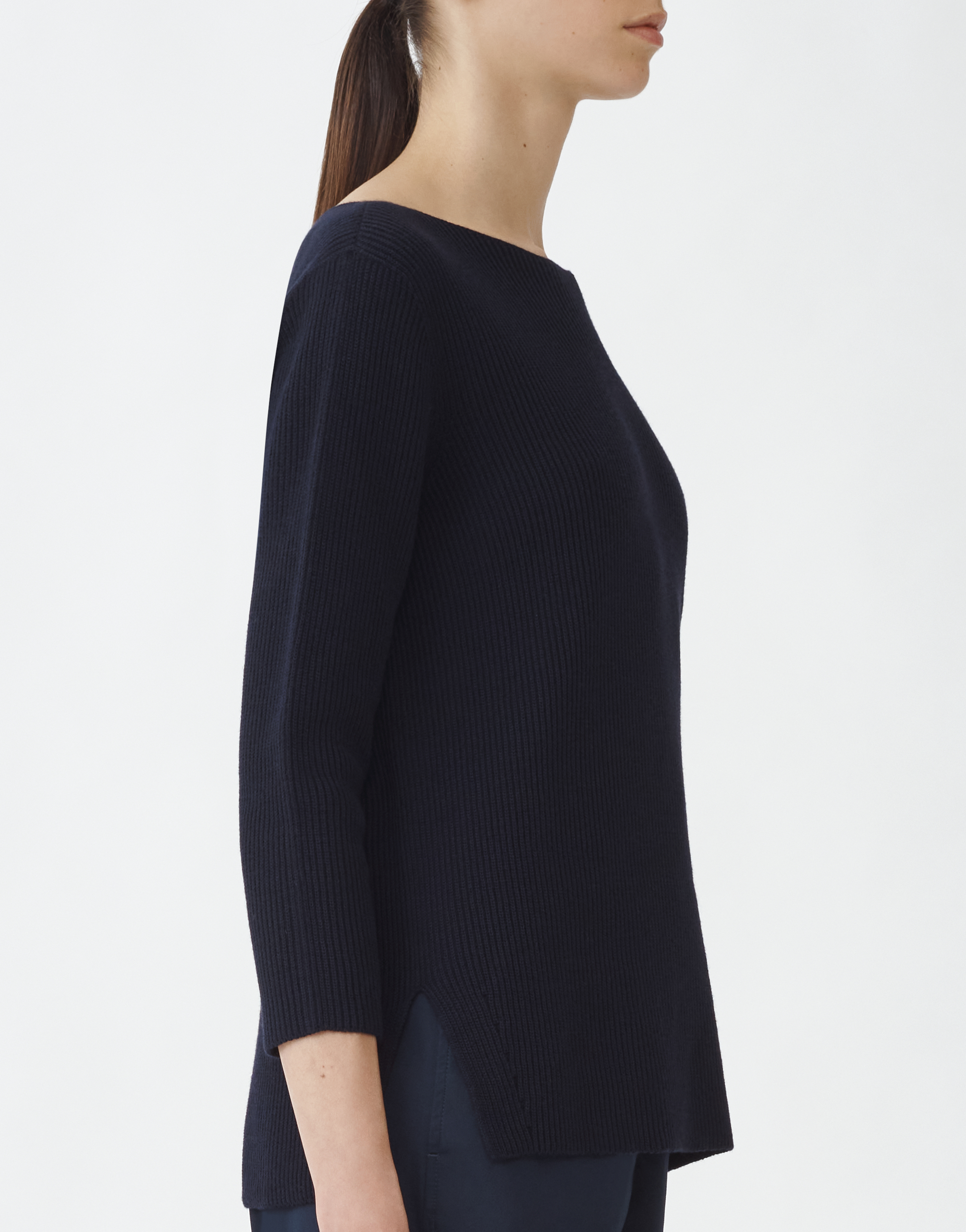 Shop Fabiana Filippi Cotton Wool Ribbed Boatneck Sweater With 3/4 Sleeve In Midnight Blue