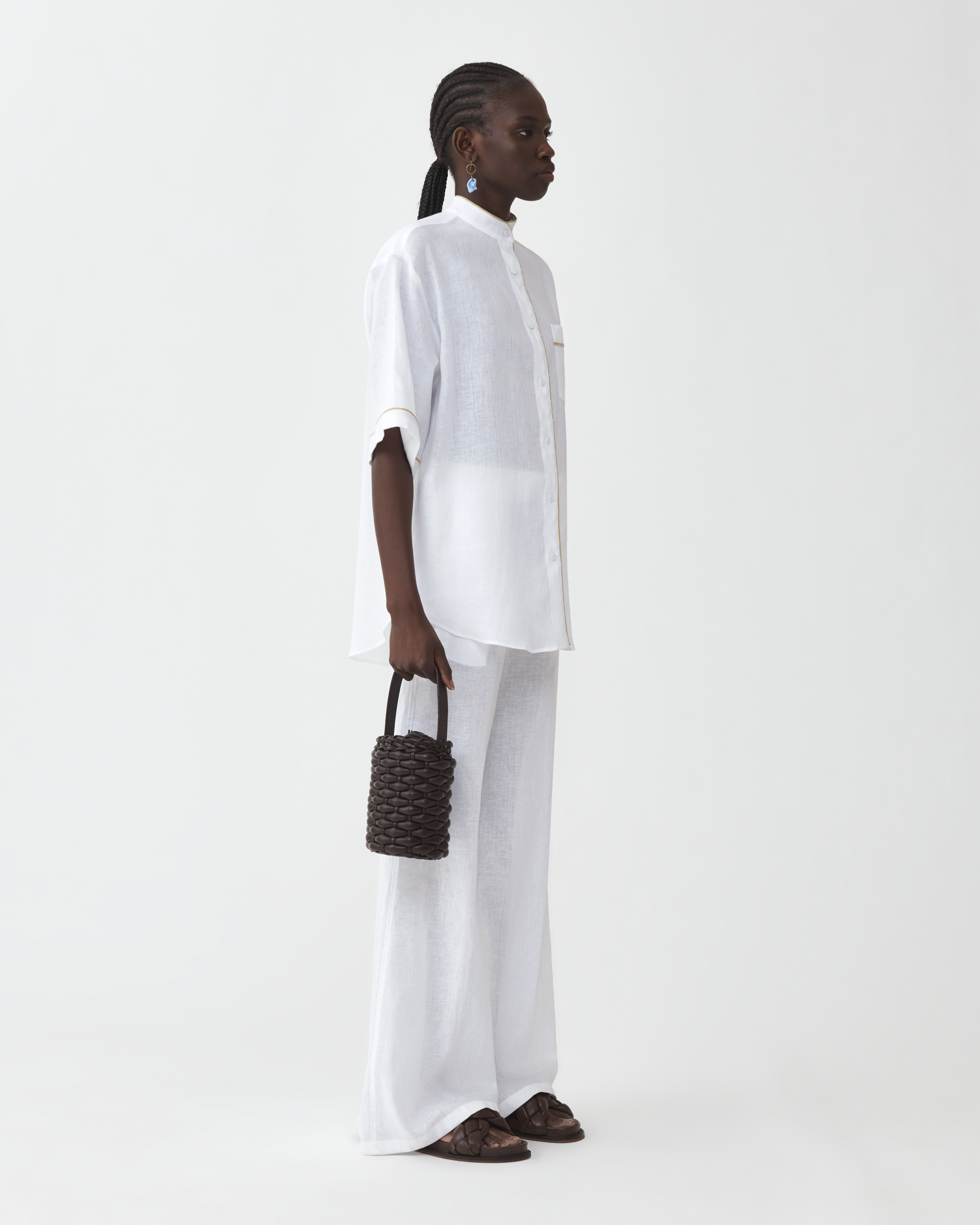 Shop Fabiana Filippi Linen Short Sleeve Shirt With Contrast Piping In Optical White