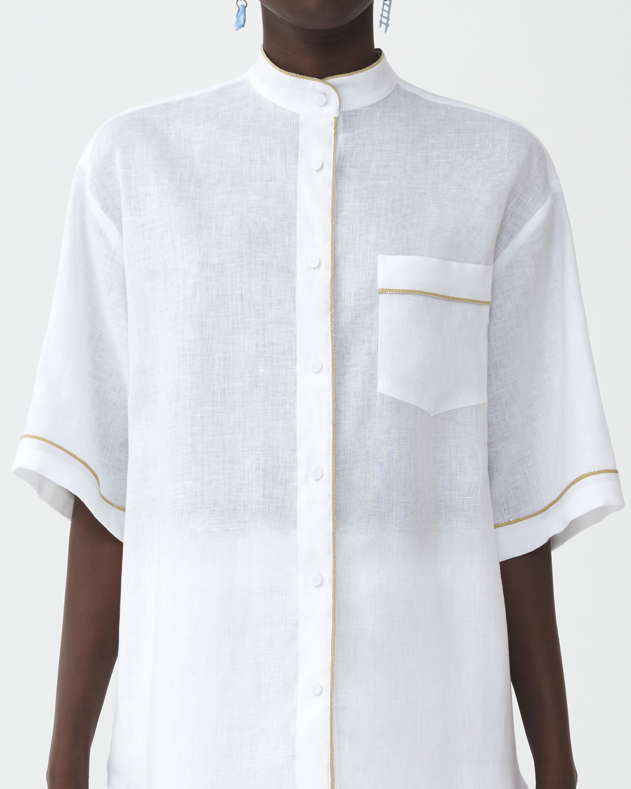 Shop Fabiana Filippi Linen Short Sleeve Shirt With Contrast Piping In Optical White