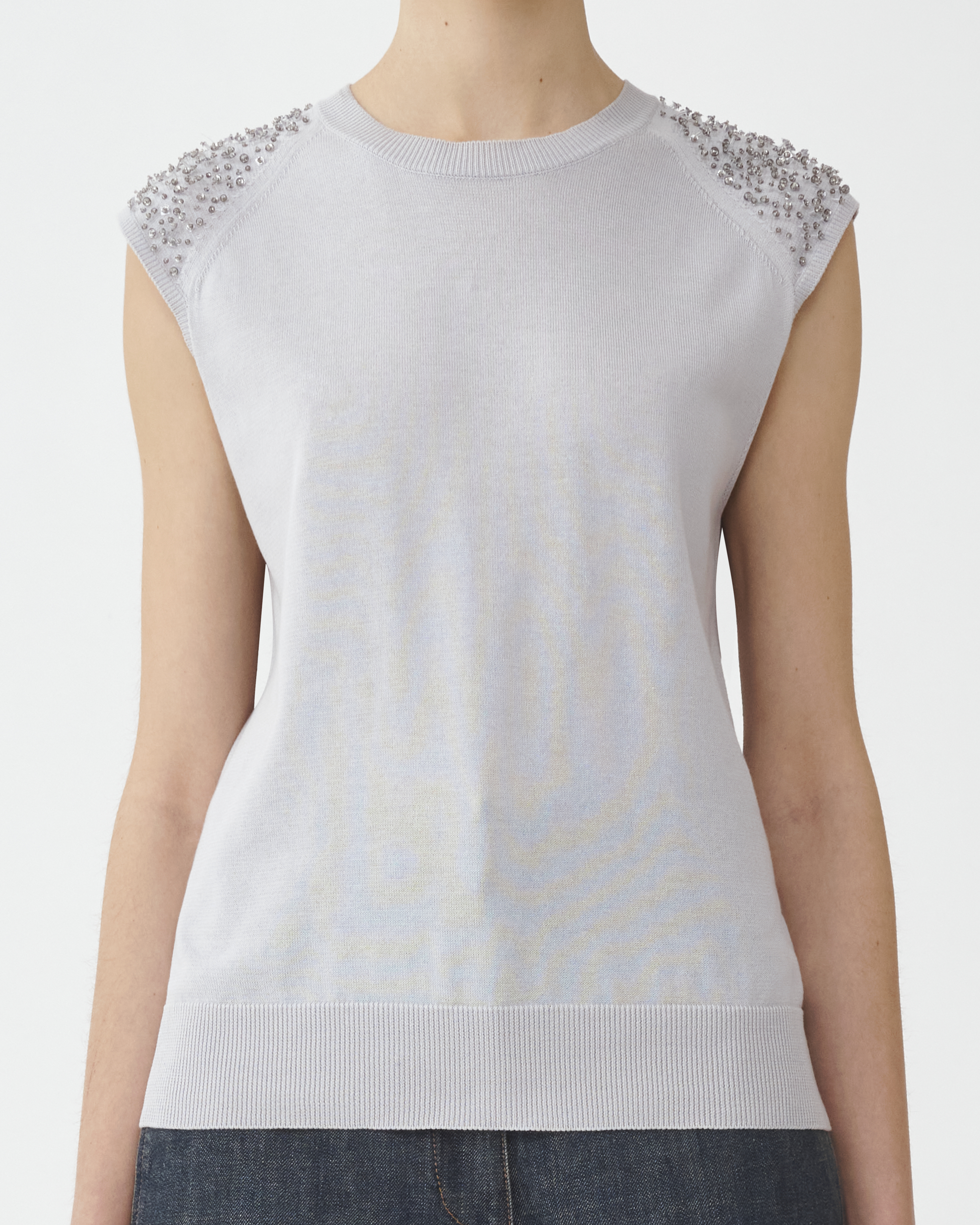 Shop Fabiana Filippi Cotton Sleeveless Sweater With Funghetto Embroidery In Light Grey
