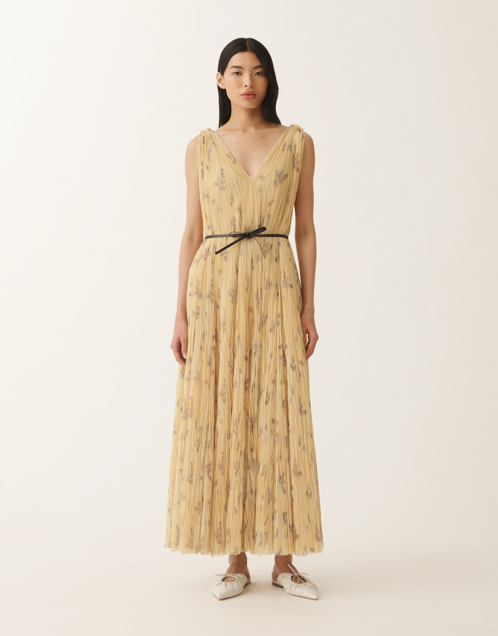 Fabiana Filippi Pleated Tulle Dress With Painted Botanical Print In Canary