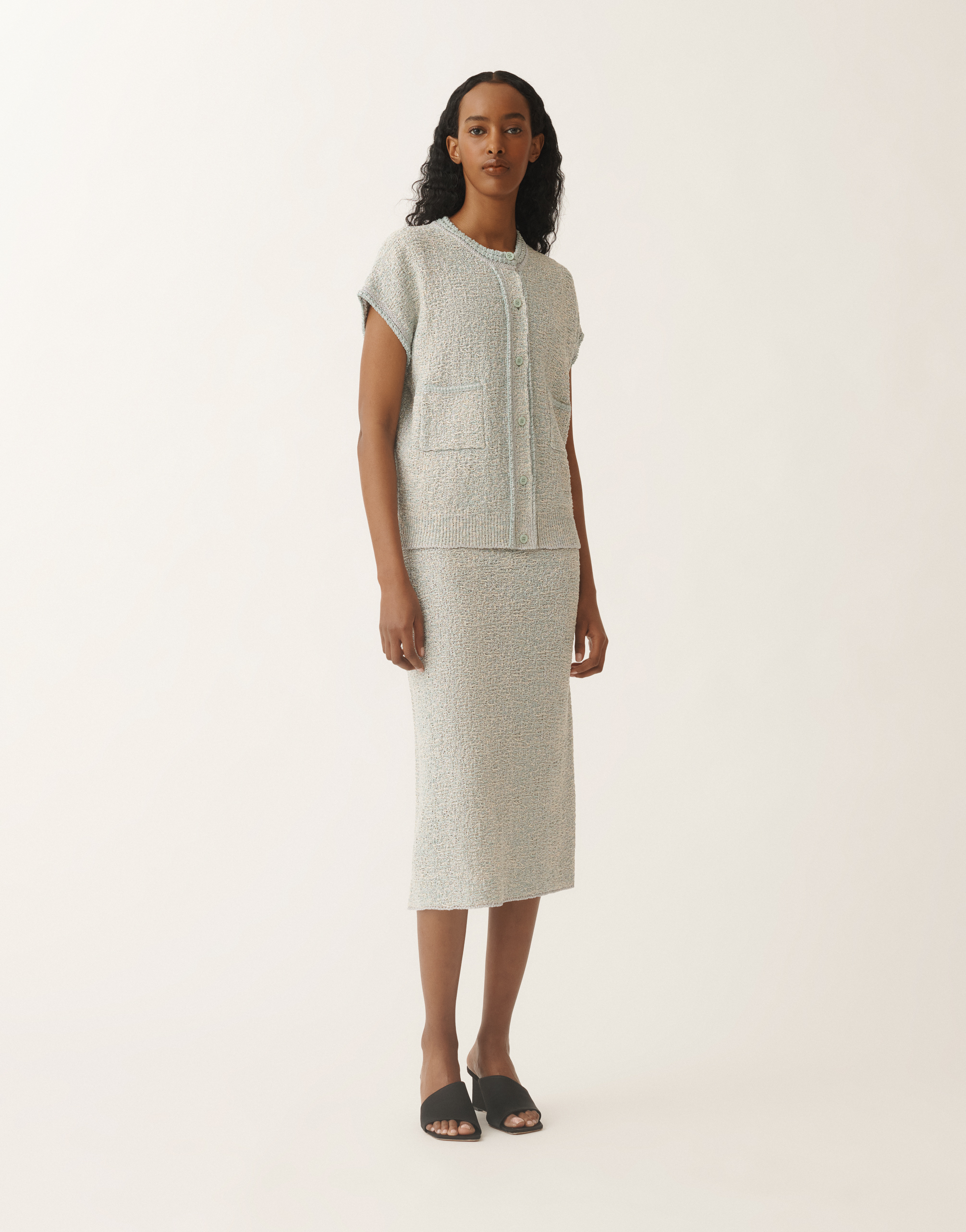 Shop Fabiana Filippi Lurex Knit Tweed Cardigan In Vanilla/aquagreen