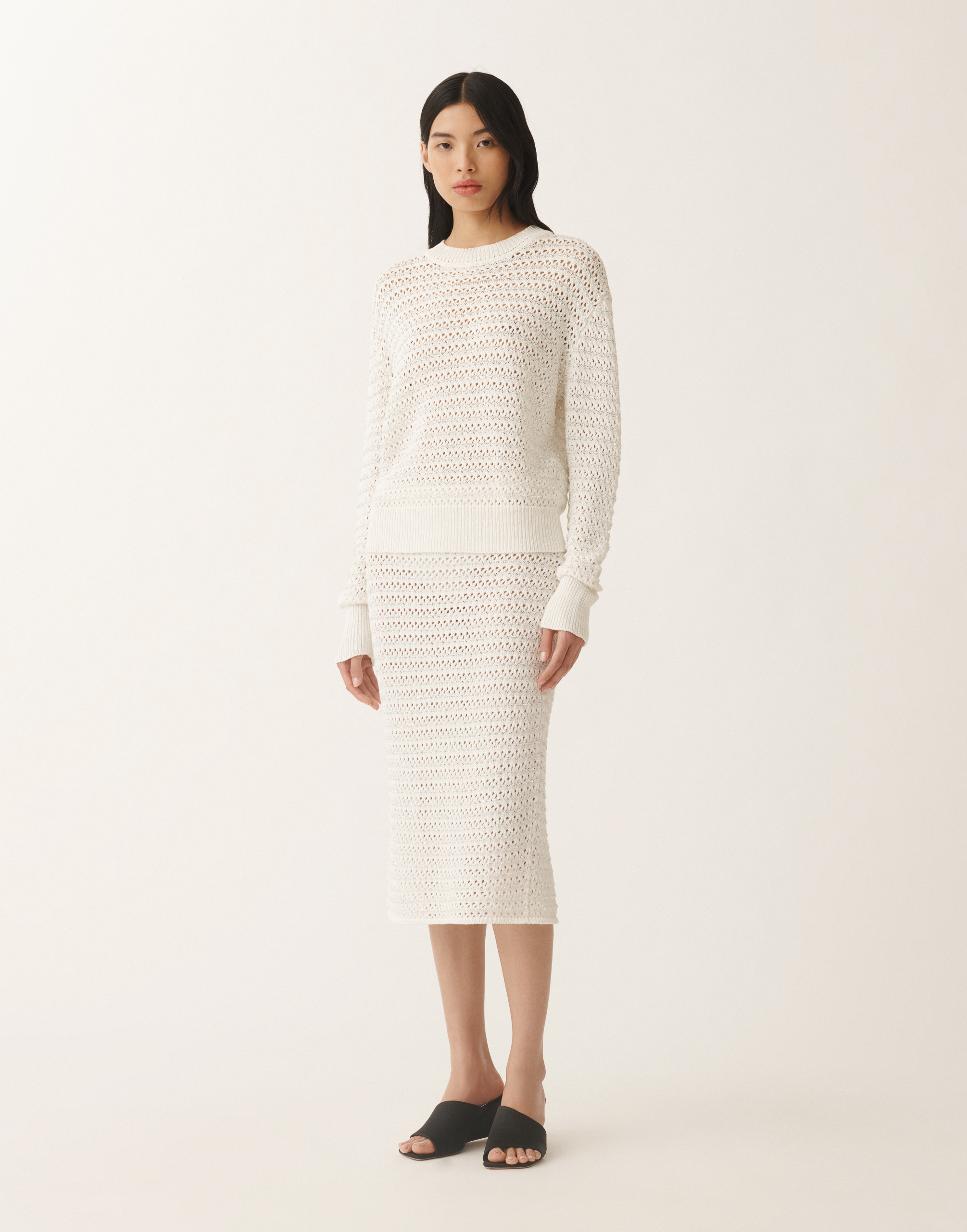 Fabiana Filippi Open-knit Crew Neck Long Sleeve Sweater In White