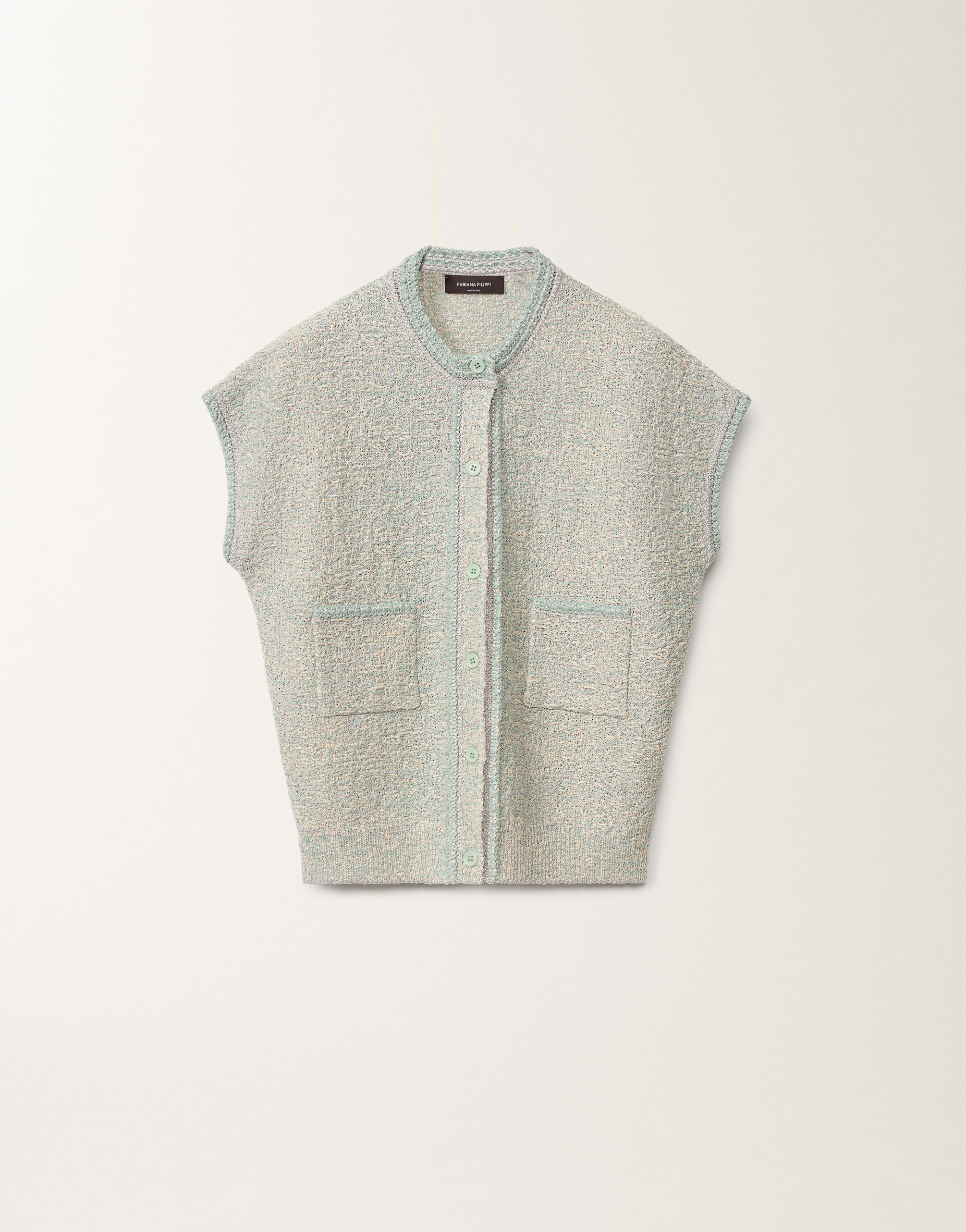 Shop Fabiana Filippi Lurex Knit Tweed Cardigan In Vanilla/aquagreen