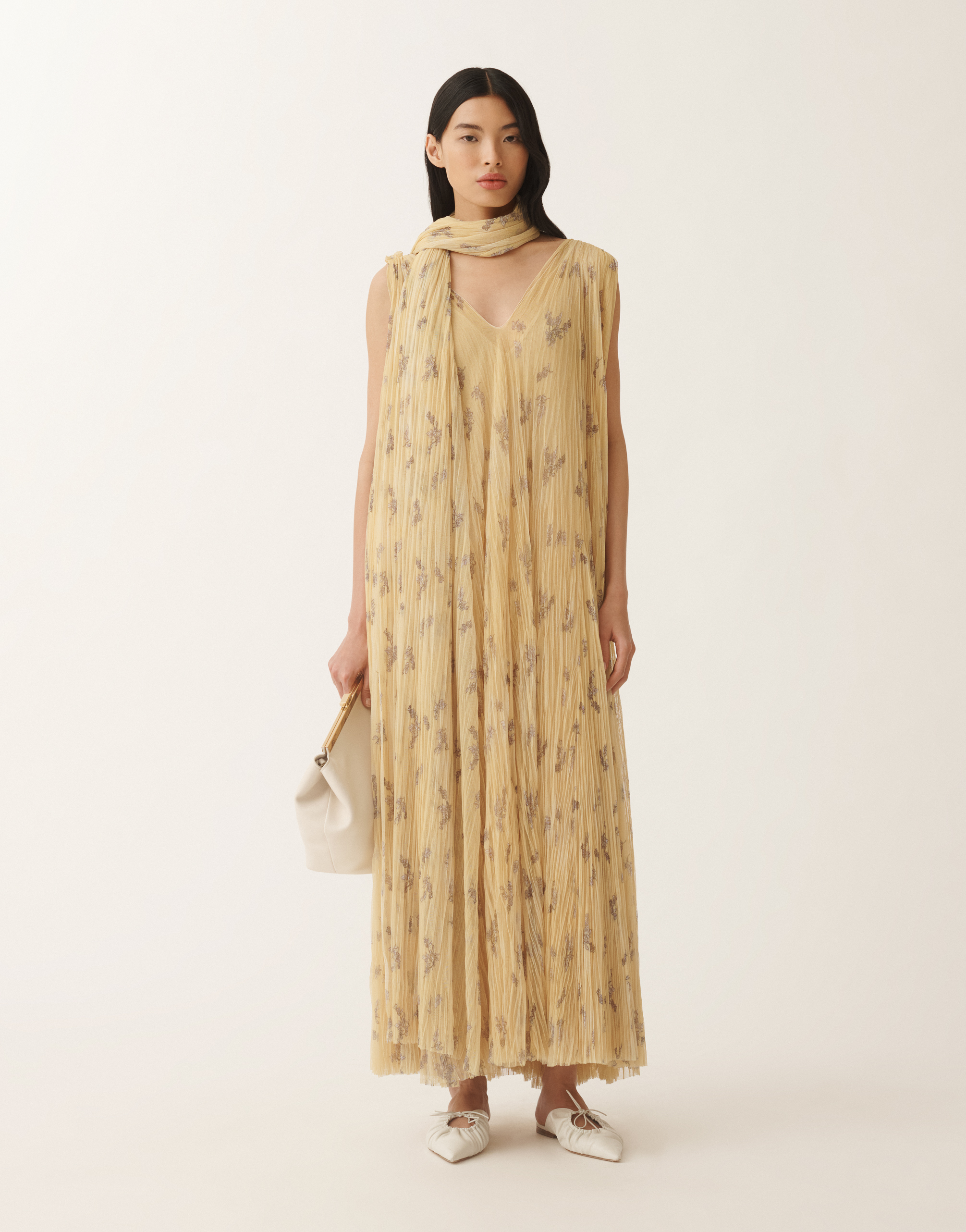 Fabiana Filippi Pleated Tulle Dress With Painted Botanical Print In Canary