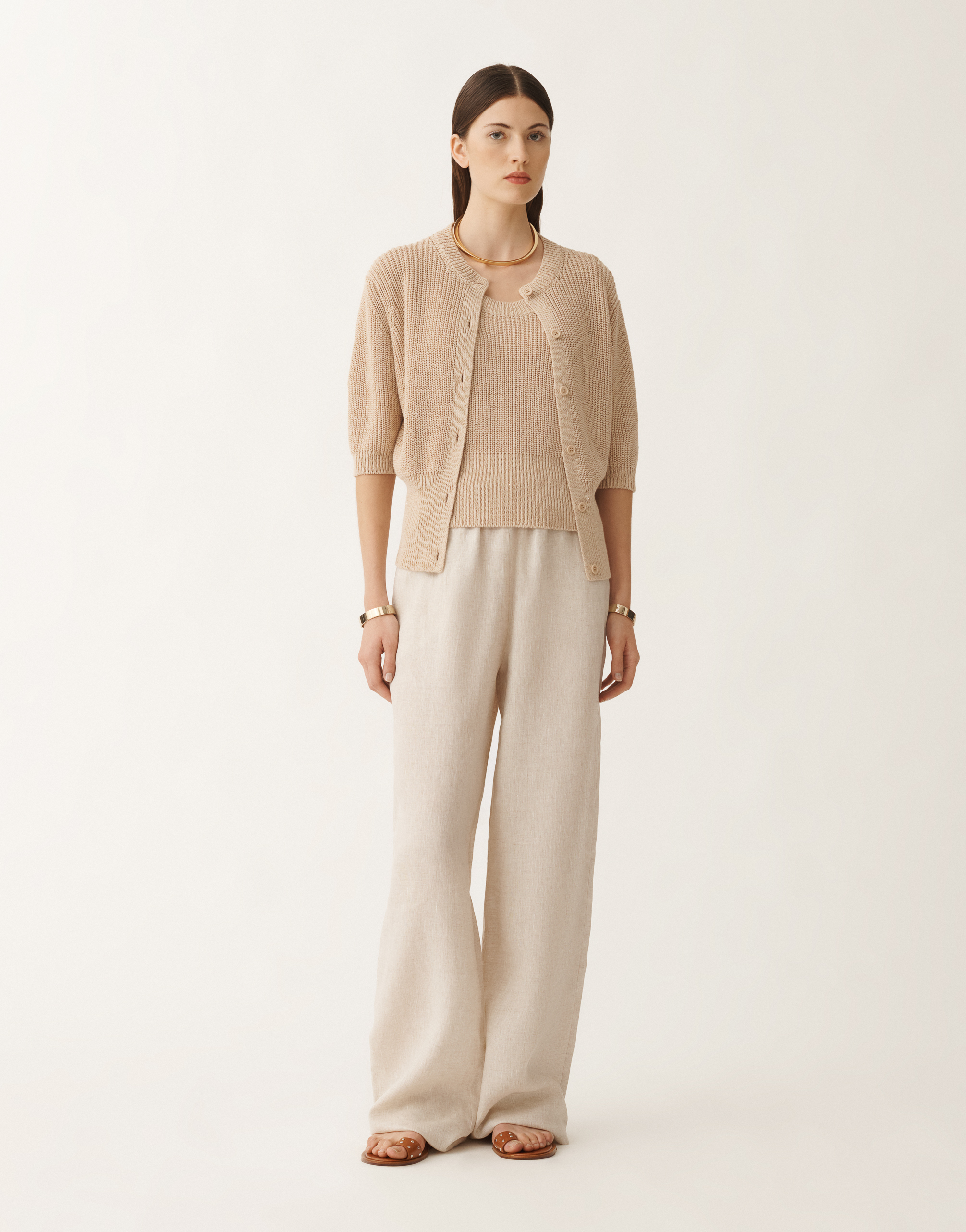 Shop Fabiana Filippi Cotton And Linen Cardigan With Sequins In Sand