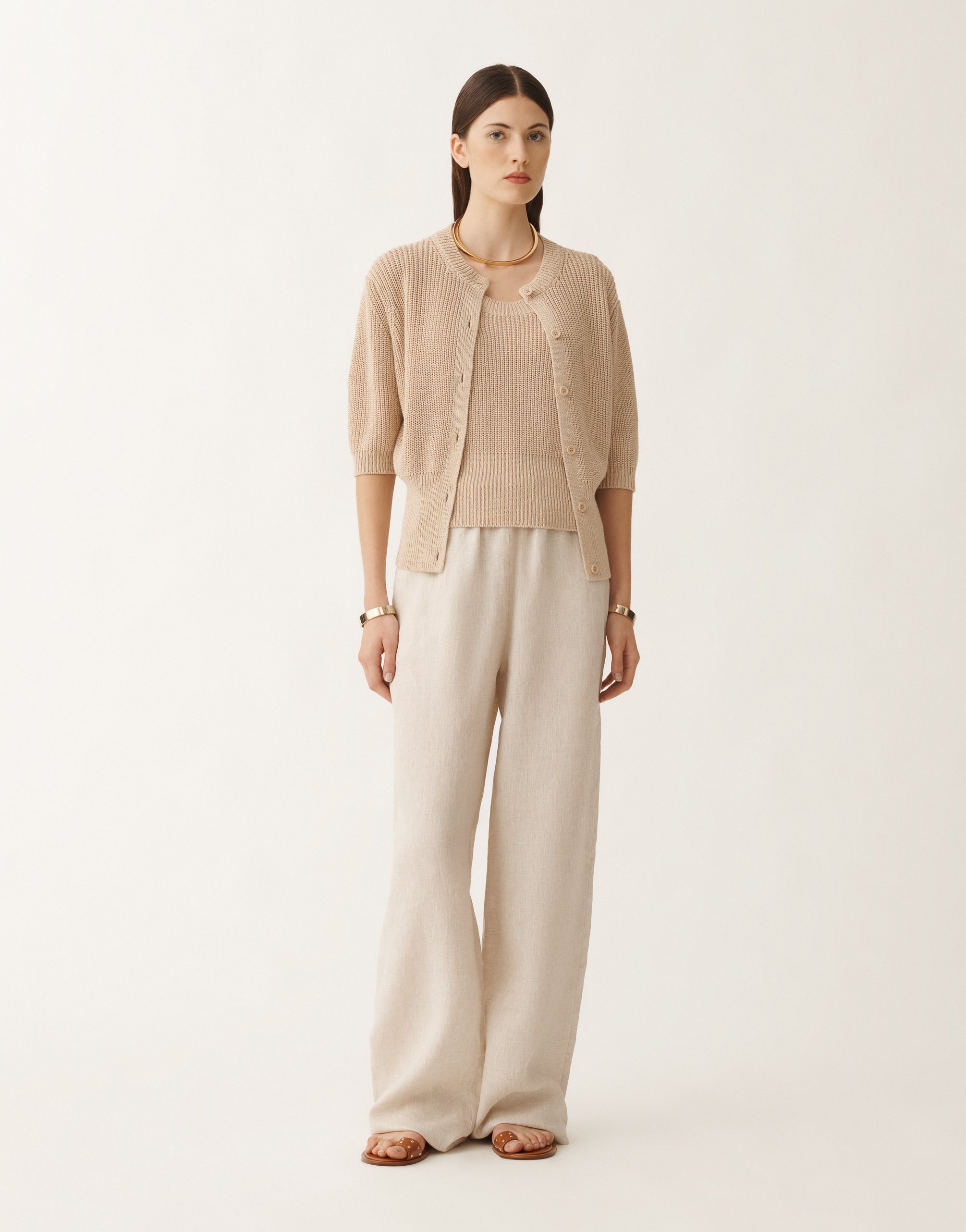 Shop Fabiana Filippi Cotton And Linen Cardigan With Sequins In Sand