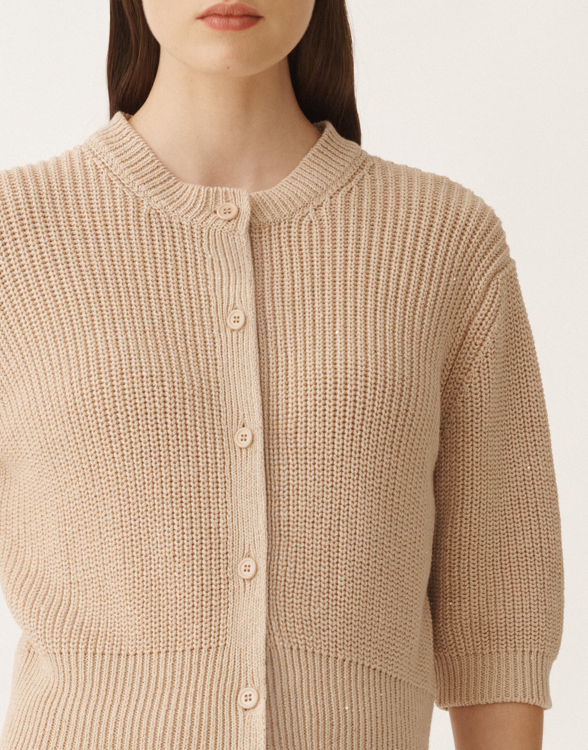 Shop Fabiana Filippi Cotton And Linen Cardigan With Sequins In Sand