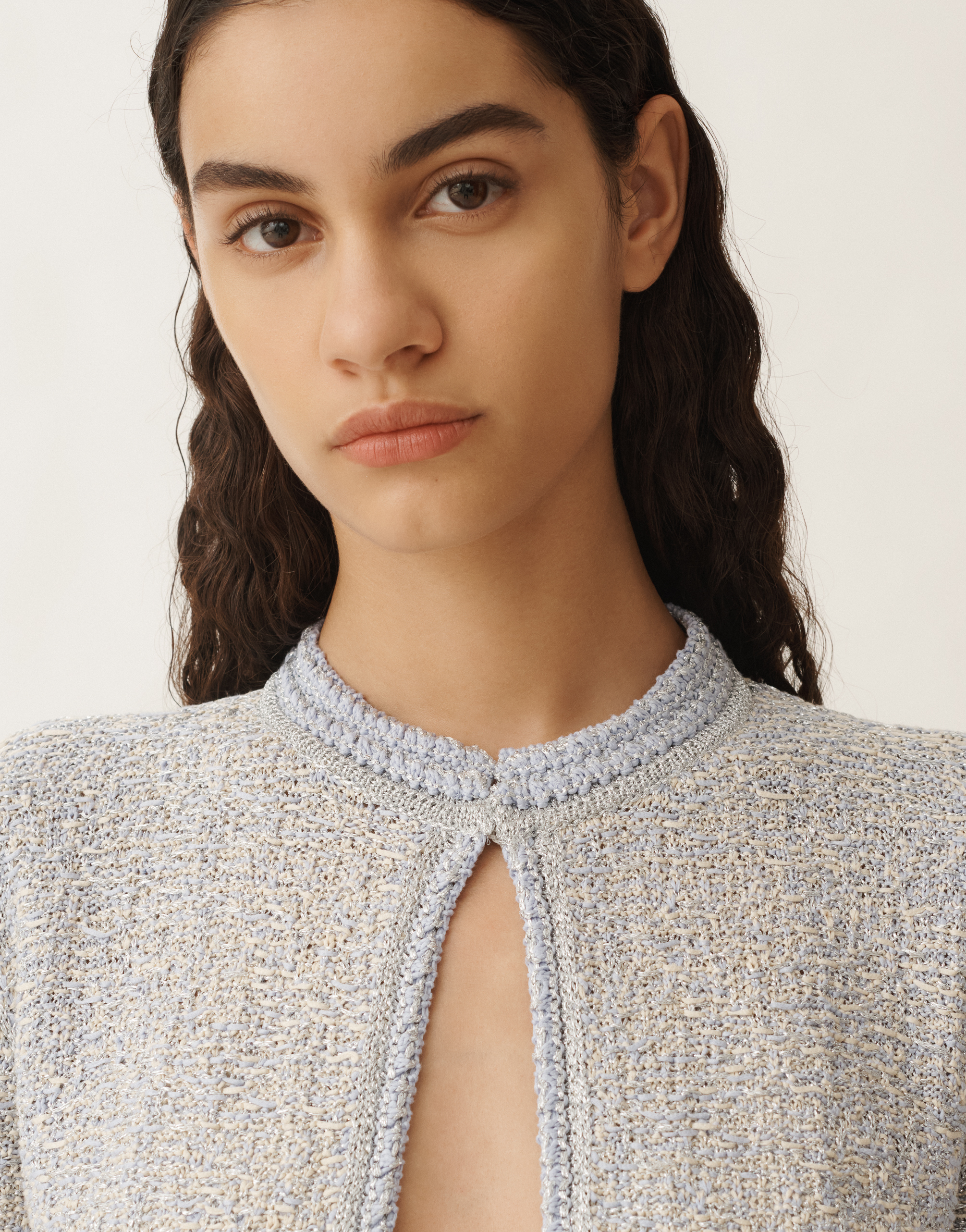 Shop Fabiana Filippi Lurex Knit Tweed Cardigan In Vanilla/lavender
