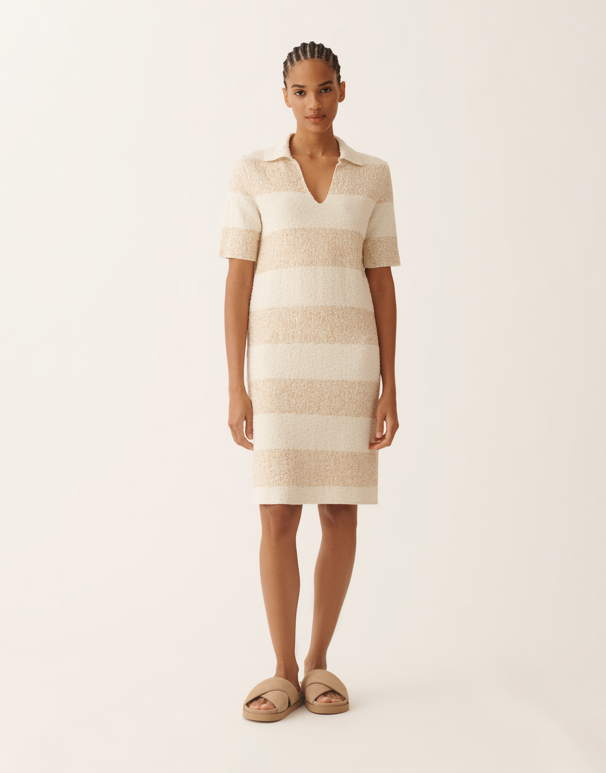 Fabiana Filippi Women Beige Stripes V Neck Midi Dress, Xl Luxury Dresses For Women Darveys In Brown