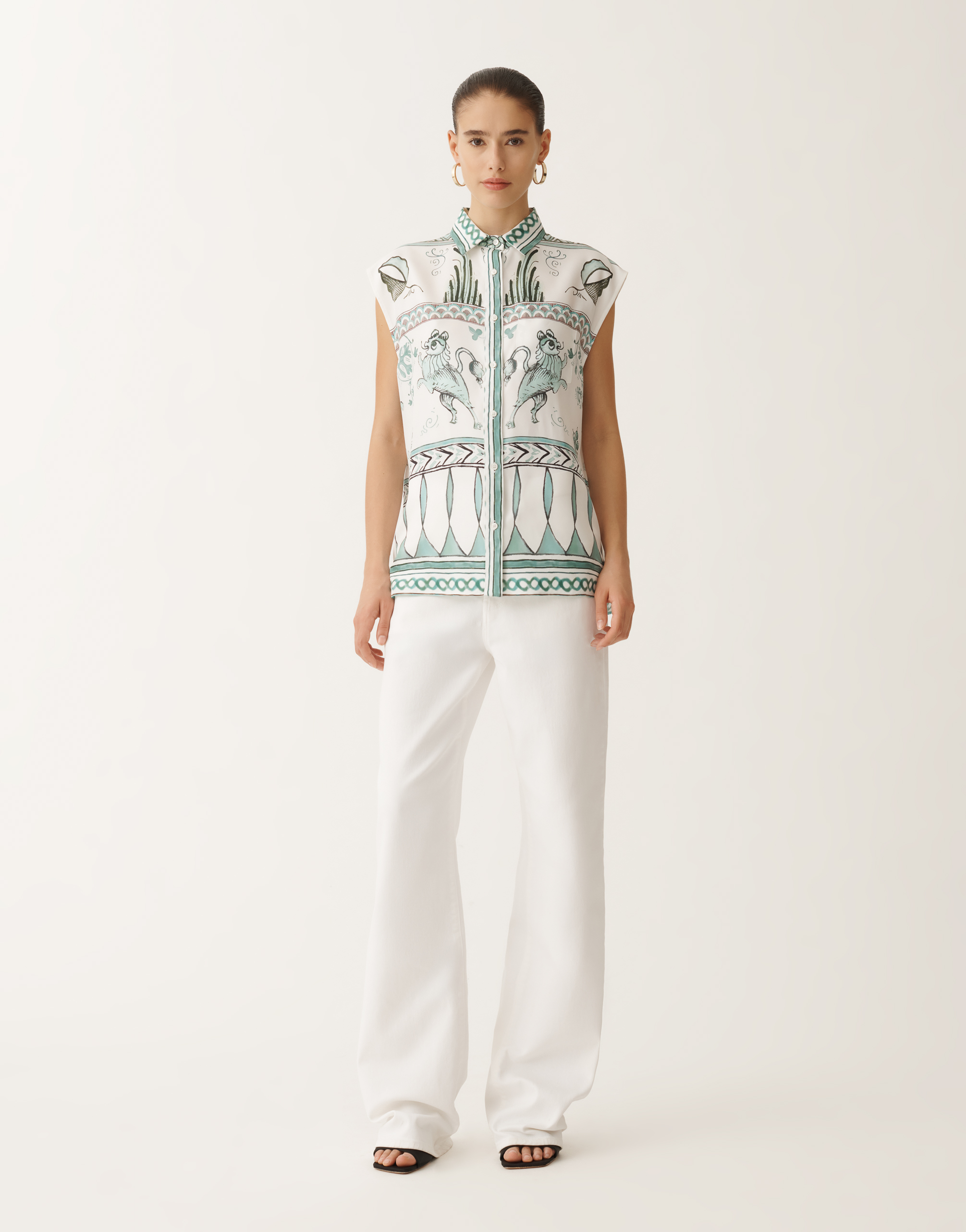 Fabiana Filippi Loose Fit Sleeveless Silk Twill Shirt In White/turquoise/aquagreen