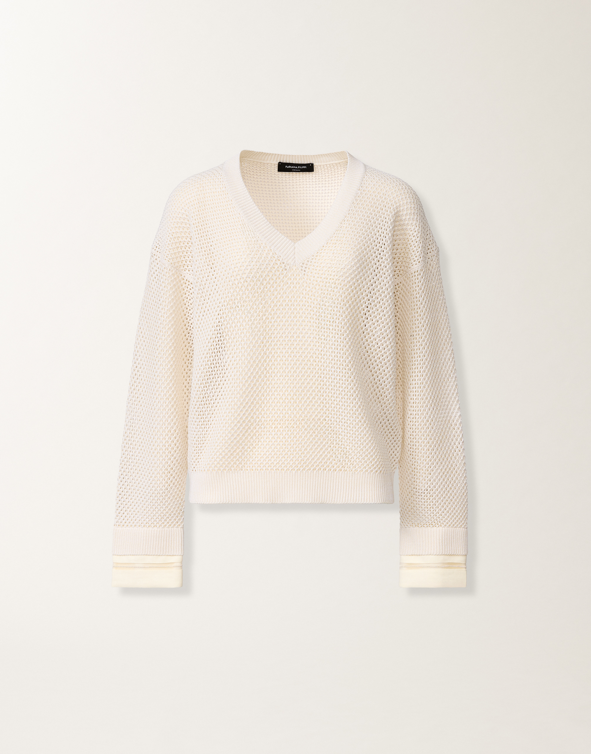 4c29 FABIANA FILIPPI ファビアナフィリッピ ラメニット ロングスリーブ タートルネックセーター  レディース 女性服 44/Mサイズ アイボリー系 シルバーu02t レディースオーガニックコットンと光沢のあるビスコースを使用した