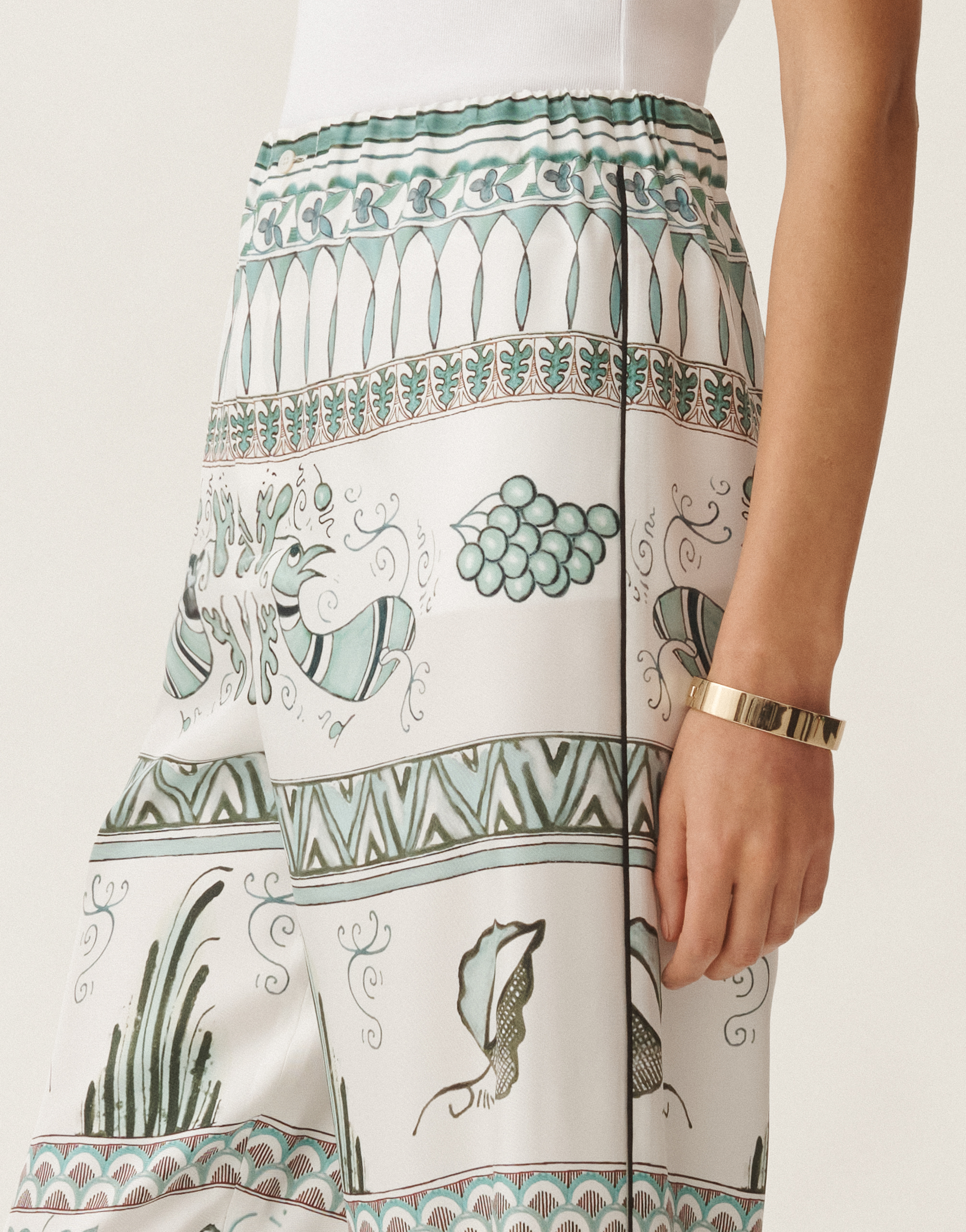 Fabiana Filippi Silk Twill Trousers With A Painted Print In White/turquoise/aquagreen