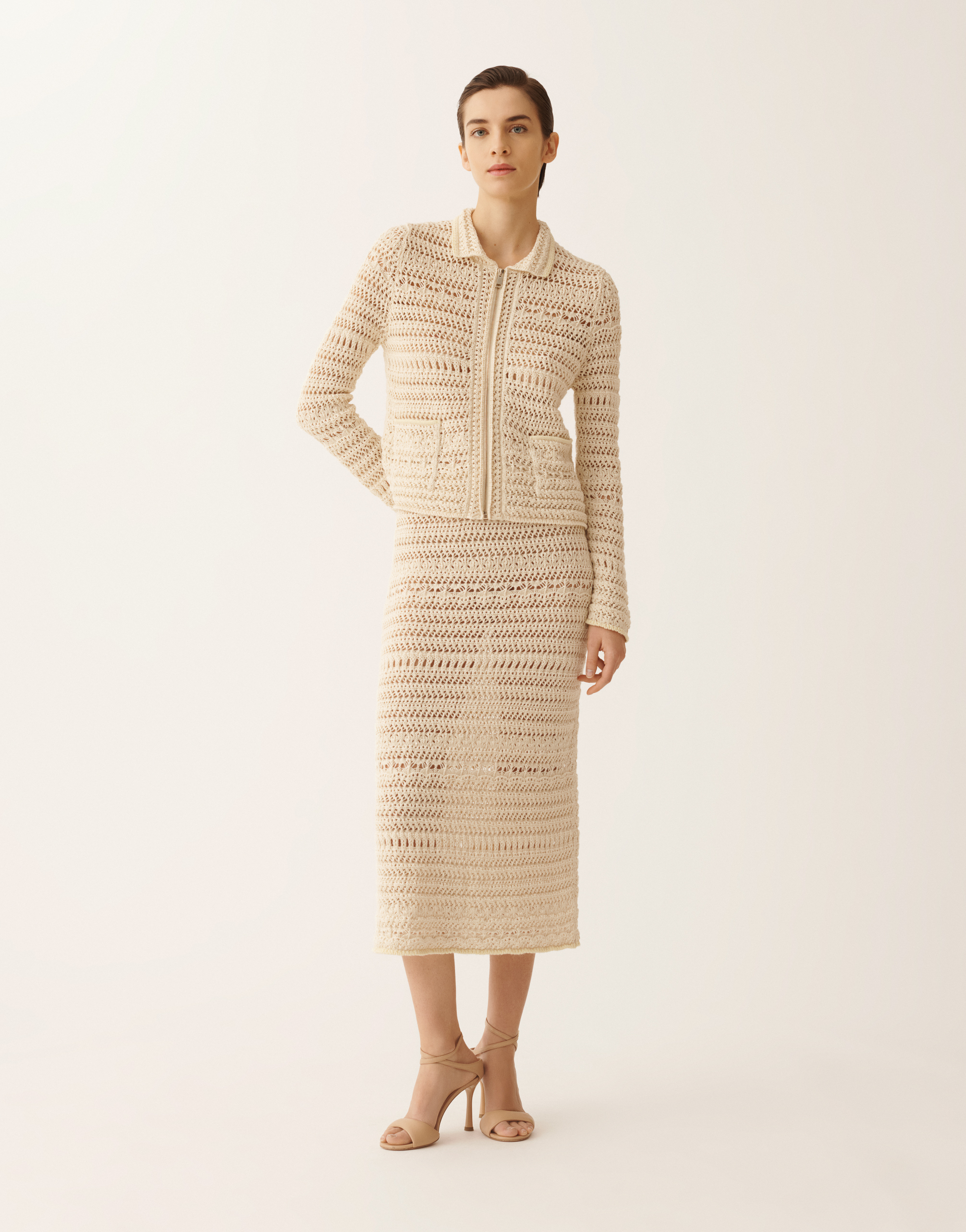 Fabiana Filippi Cotton And Linen Crochet Midi Pencil Skirt In Brown