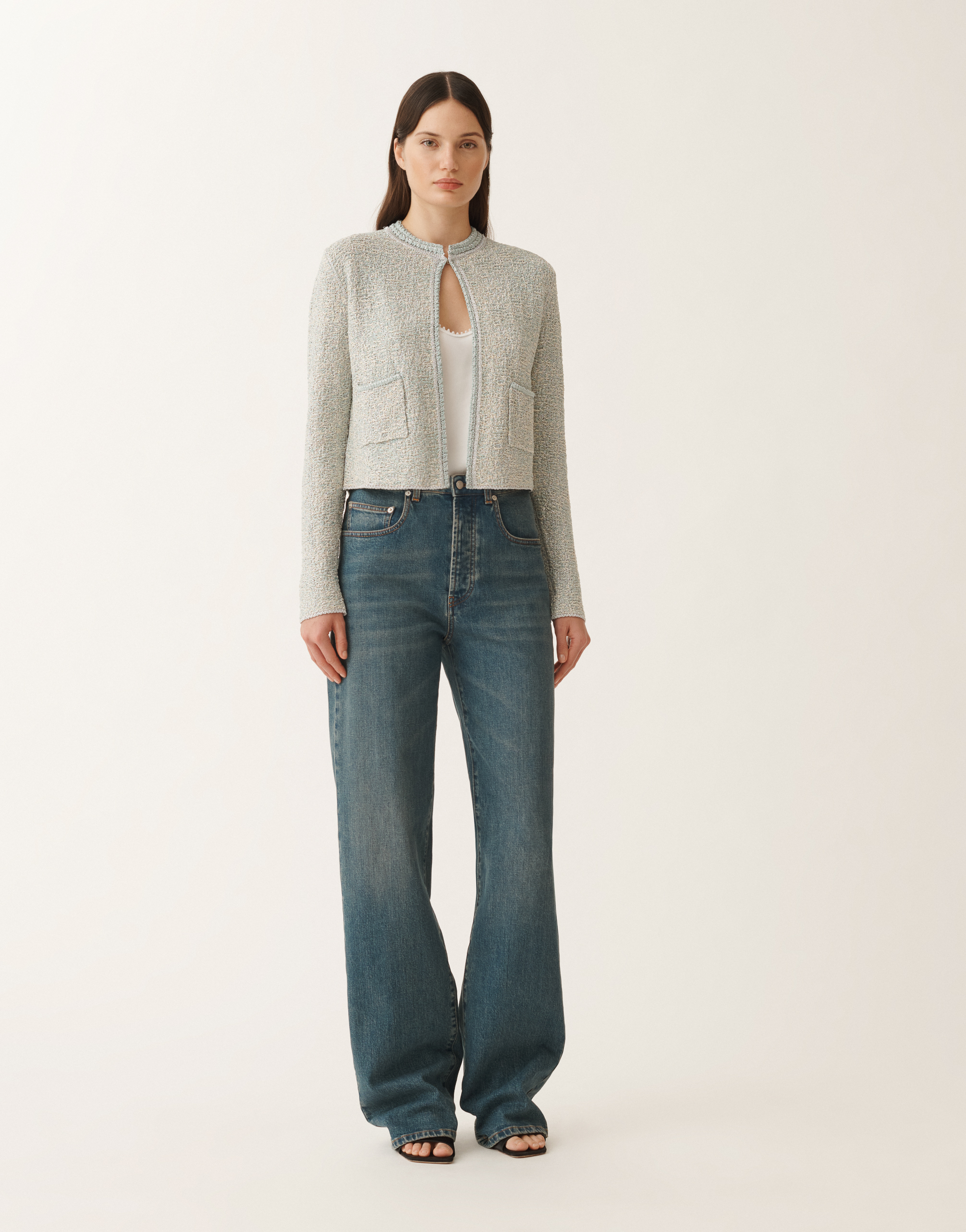 Shop Fabiana Filippi Lurex Knit Tweed Cardigan In Vanilla/aquagreen