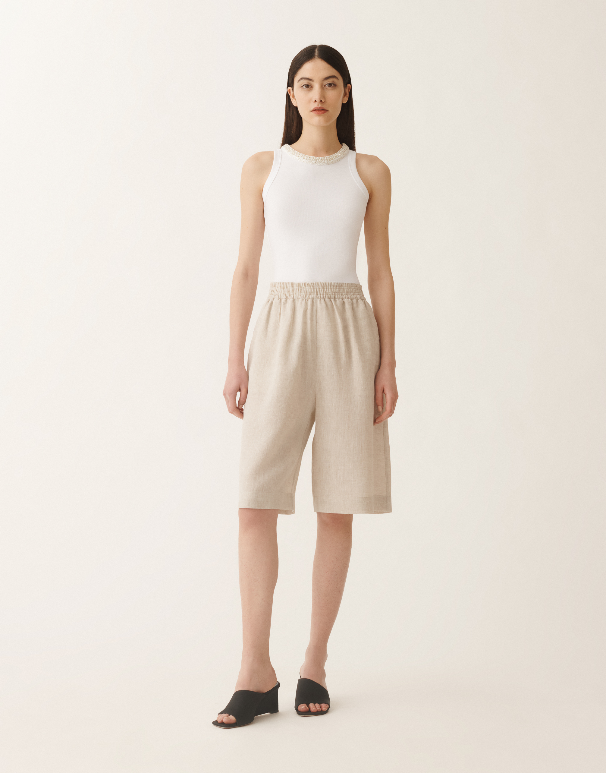 Shop Fabiana Filippi Linen Canvas Bermuda Shorts In Greige