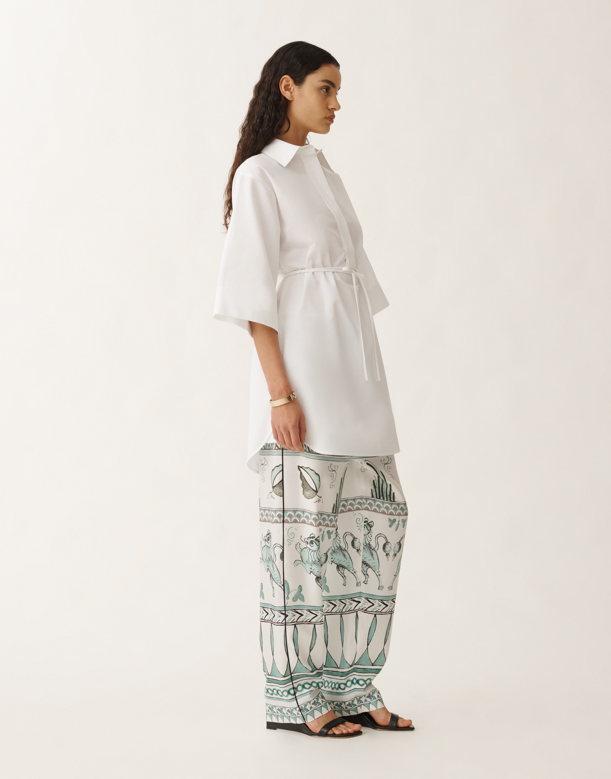 Fabiana Filippi Silk Twill Trousers With A Painted Print In White/turquoise/aquagreen