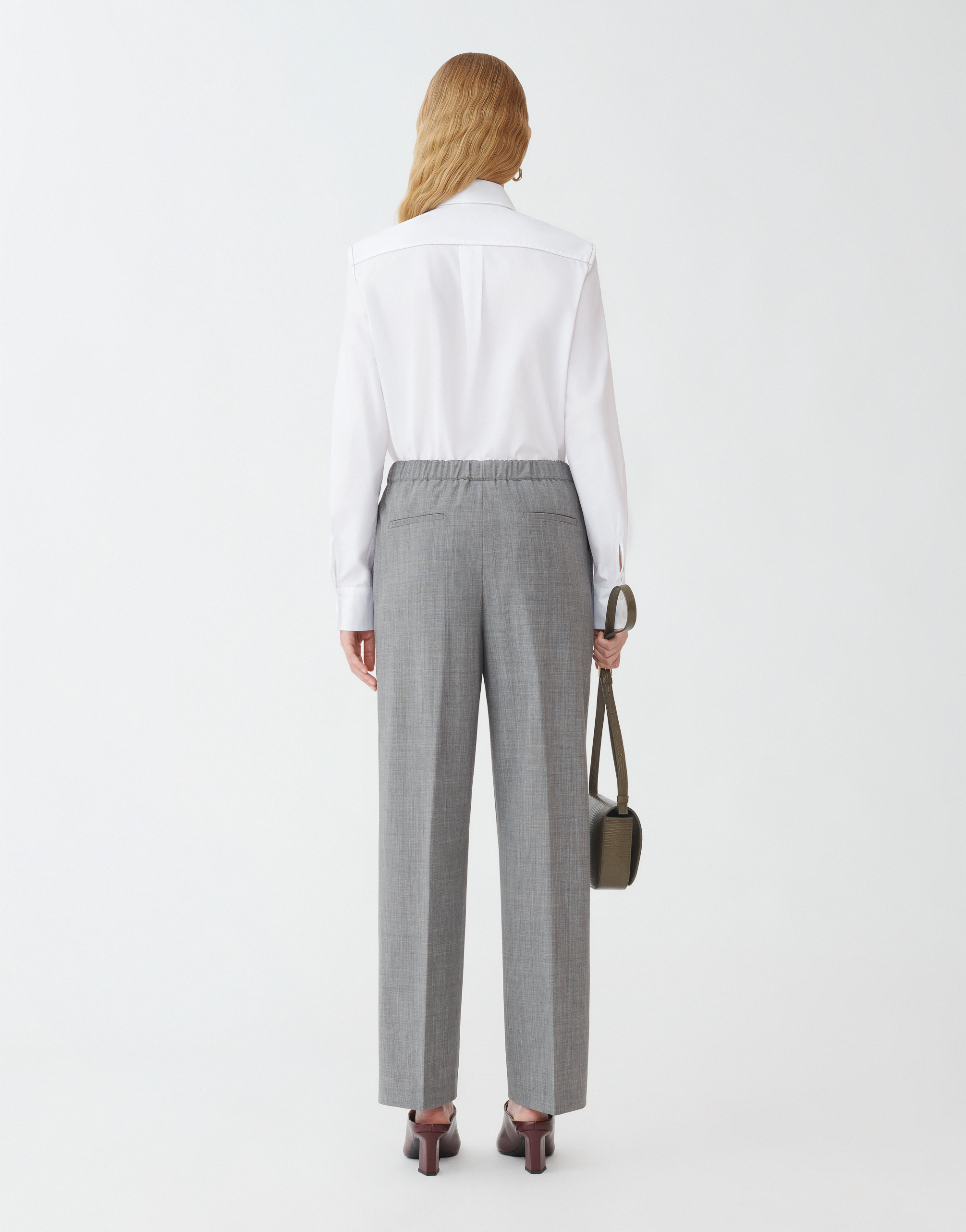 Shop Fabiana Filippi Woolen Fabric Straight Leg Trousers With Elastic Waistband In Melange Rock