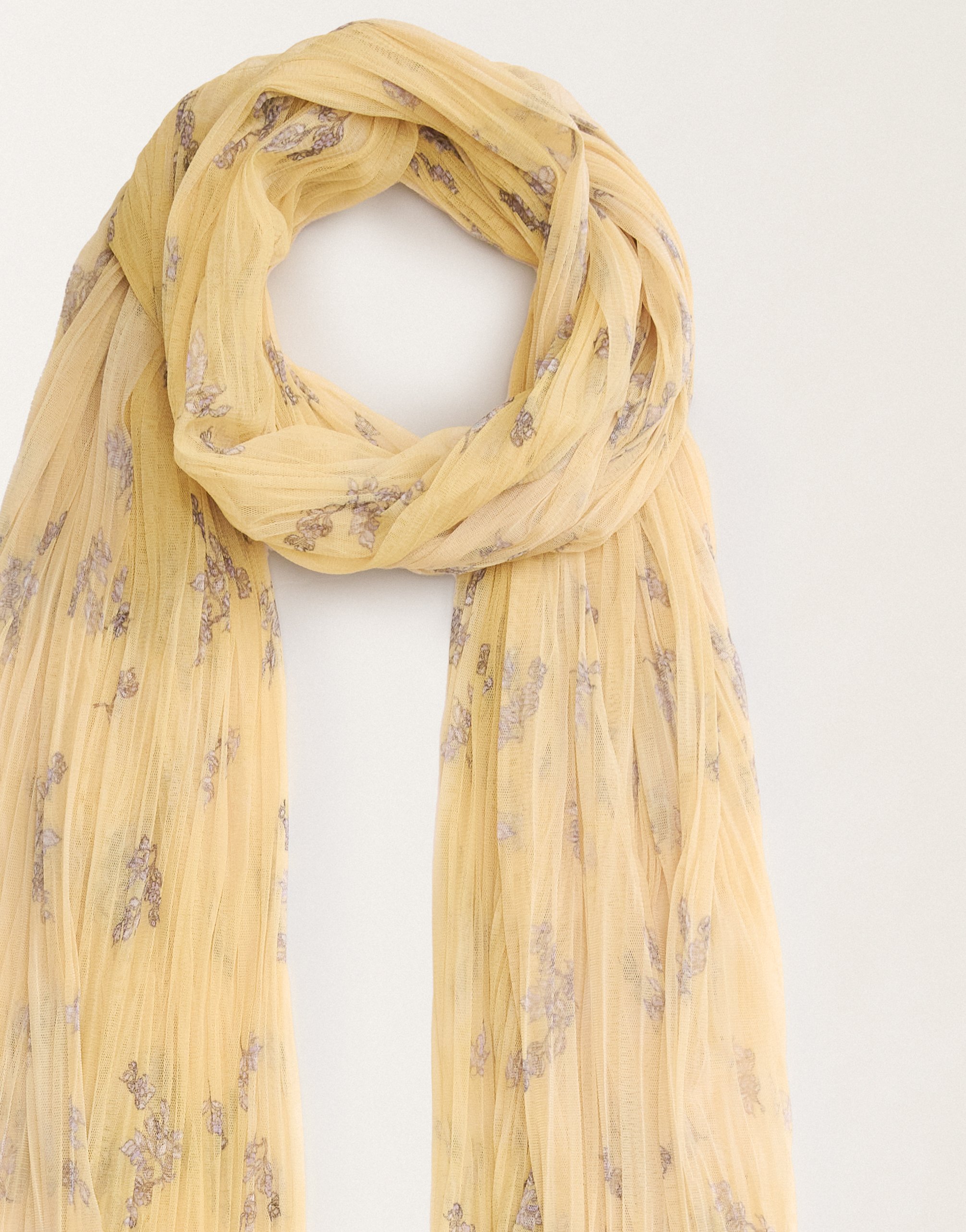 Shop Fabiana Filippi Pleated Tulle Maxi Scarf With Painted Botanical Print In Canary